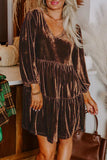 Chicory Coffee Velvet V-Neck Long Sleeve Tiered Mini Dress
