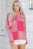 Pink Stripe Color Block Patchwork Drop Shoulder Long Sleeve High-Low Top