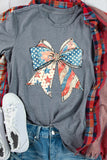 Gray American Flag Bow Patchwork Print Crew Neck Graphic T-Shirt