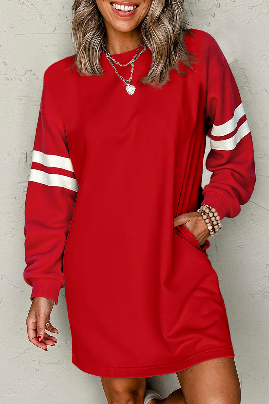 Varsity Striped Long Sleeve Loose Mini Dress with Pockets- 5 Colors