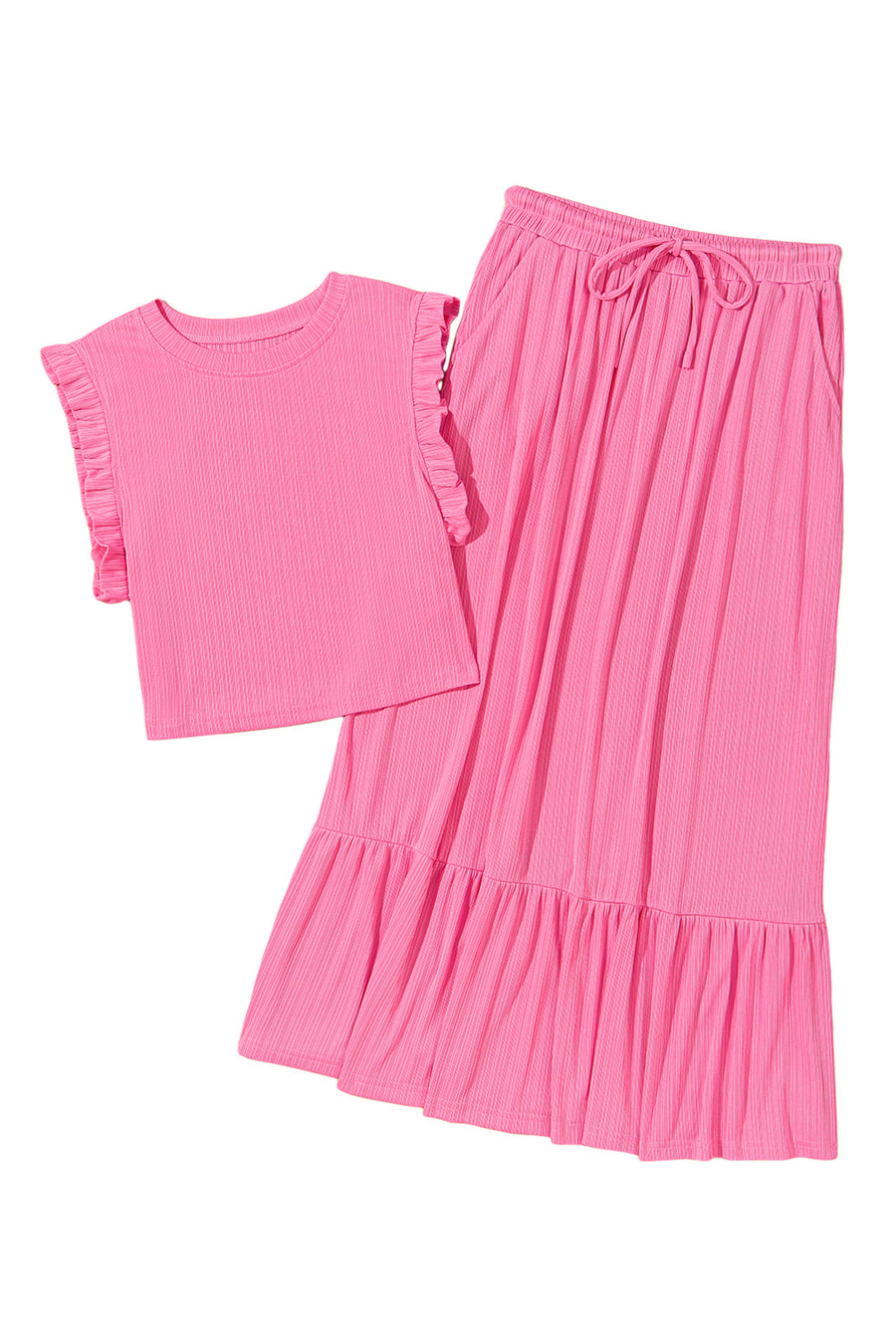 Bright Pink Textured Ruffle Trim Crop Top and Drawstring Skirt Set