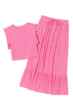 Bright Pink Textured Ruffle Trim Crop Top and Drawstring Skirt Set