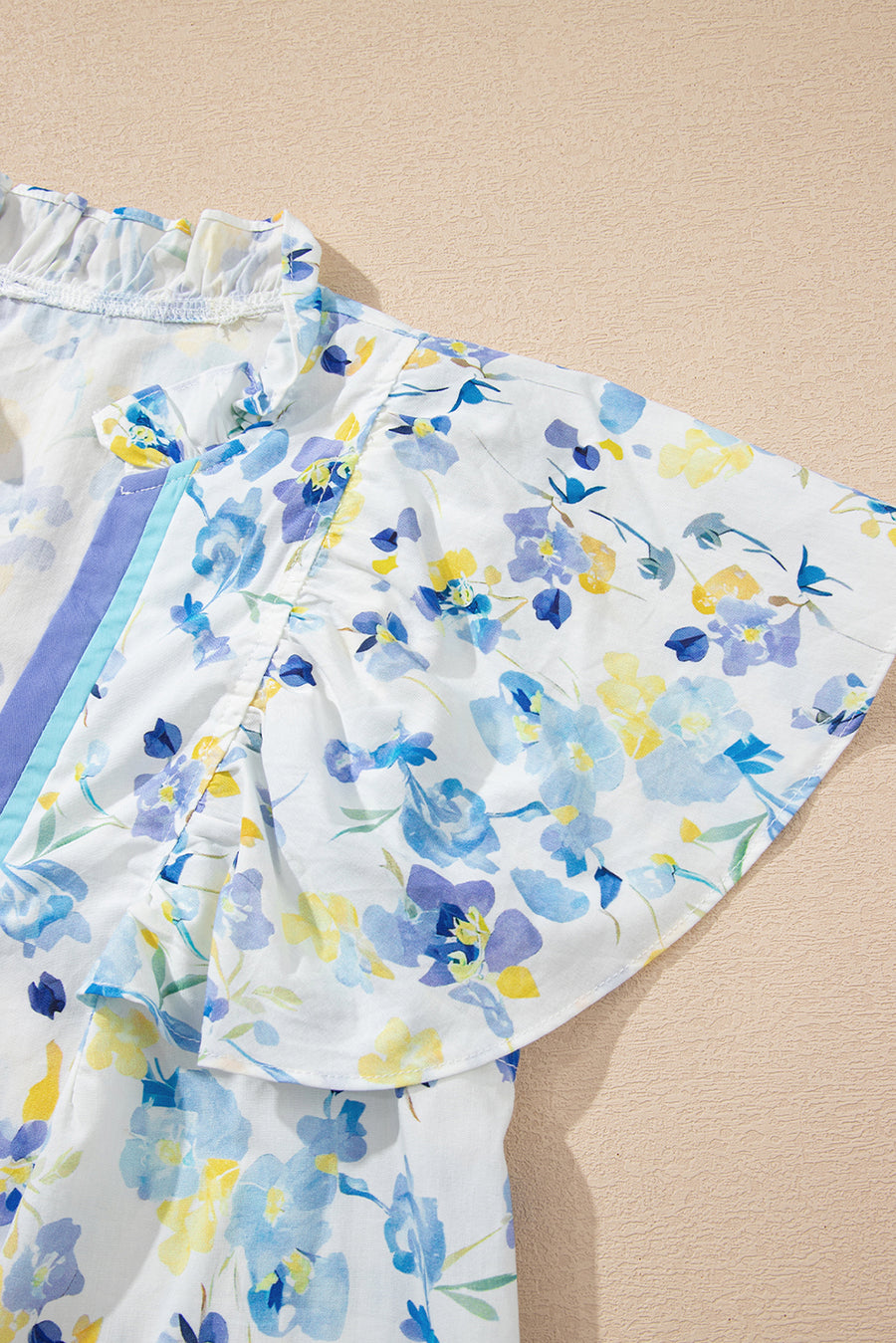 Blue Floral Frilled Notch Neck Ruffle Sleeve Blouse