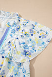 Blue Floral Frilled Notch Neck Ruffle Sleeve Blouse