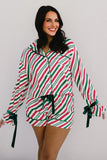 Green Striped Velvet Ribbon Trim Pajama Set