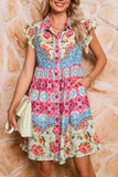 Multicolored Bohemian Floral Collared Ruffle Sleeve Button-Up Mini Dress