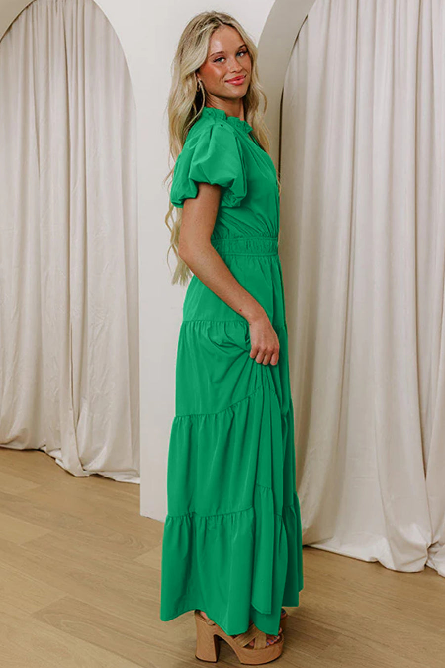 V-Neck Puff Sleeve High-Waist Tiered Maxi Dress- 3 Colors