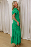 V-Neck Puff Sleeve High-Waist Tiered Maxi Dress- 3 Colors