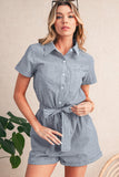 Railroad Striped Chest Pockets Button-Up Belted High-Waist Romper