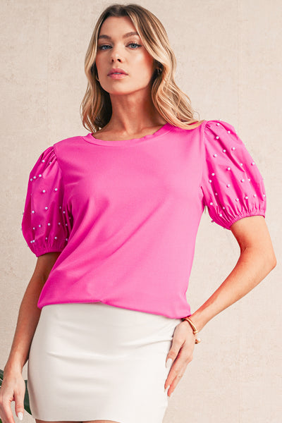 Pearl Beaded Puff Sleeve Ribbed Top- 2 Colors