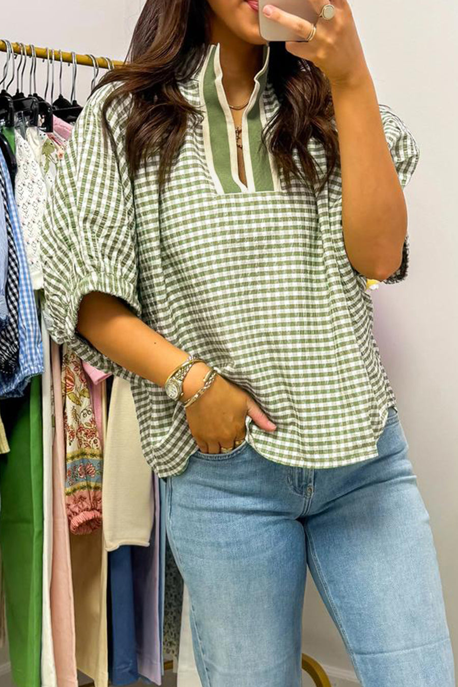 Gingham Short Sleeve Color Block Trim Split Neck Blouse- 2 Colors