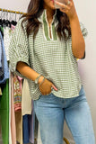 Gingham Short Sleeve Color Block Trim Split Neck Blouse- 2 Colors