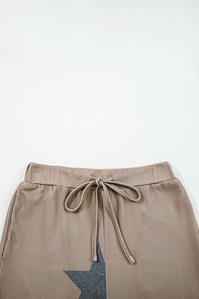 Khaki Retro Star Print Long Sleeve Pullover Drawstring Wide Leg Pajama Set