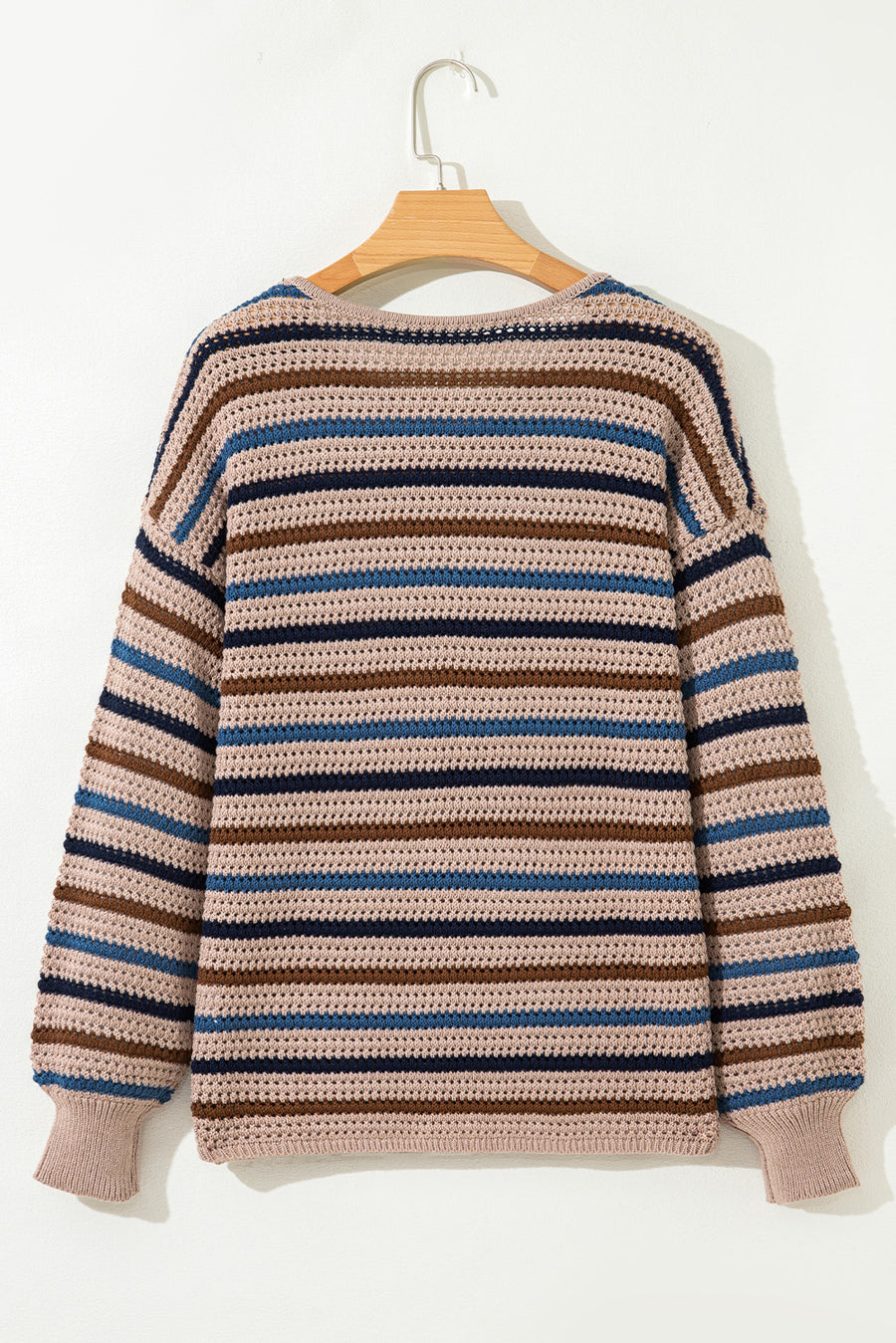 Tan Multi Openwork Striped Knit Drop Shoulder Crew Neck Sweater