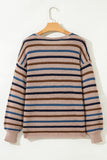 Tan Multi Openwork Striped Knit Drop Shoulder Crew Neck Sweater