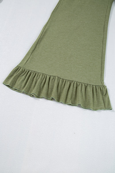Jungle Green Solid Color Ruffle Hem Wide Leg Pants