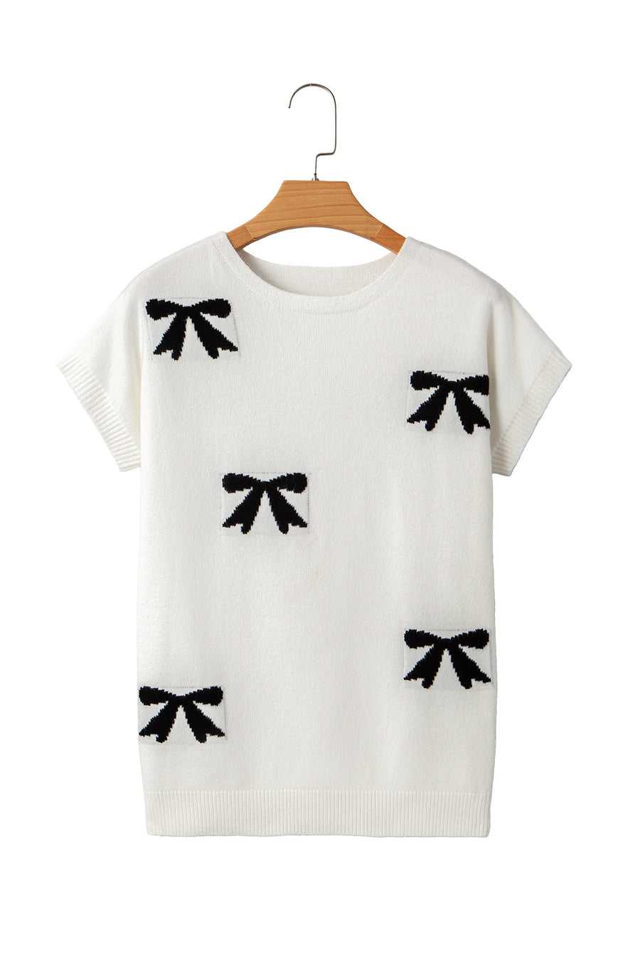 Black Bow Pattern Short Sleeve Knit Sweater