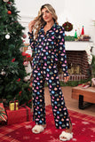 Navy Blue Colorful Christmas Lights Print Long Sleeve Pajama Set