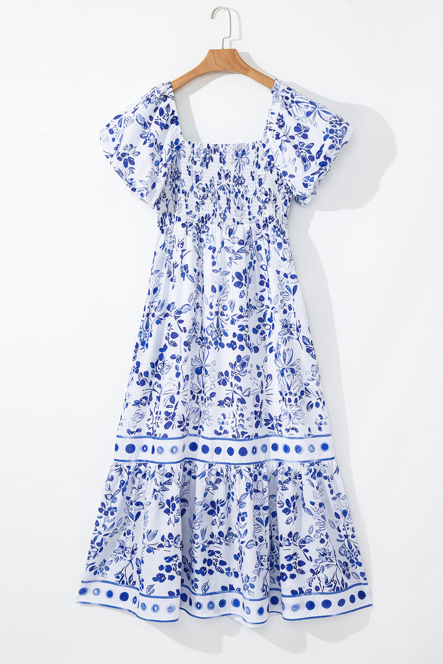 Blue Multi Floral Print Square Neck Bubble Sleeve High Waist Maxi Dress