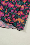 Black Floral Mesh Lettuce Trim Short Sleeve Blouse A