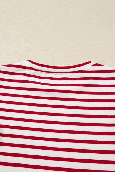 Red & White Striped Ruffle Shoulder Long Sleeve Top