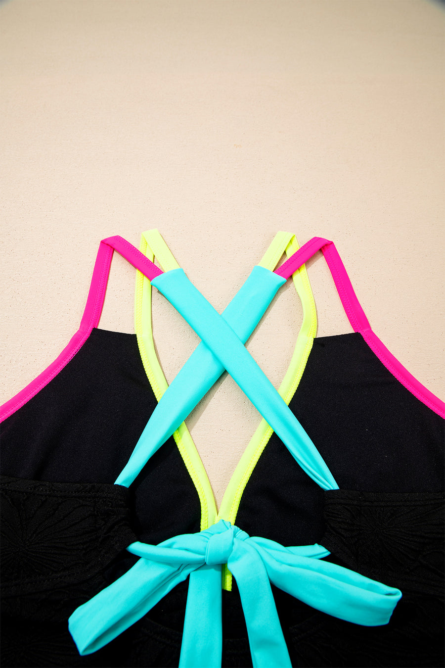 Black Floral Textured Neon Trim V-Neck Criss-Cross Tankini