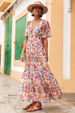 Multicolored Floral Short Sleeve V-Neck High Waist Maxi Dress