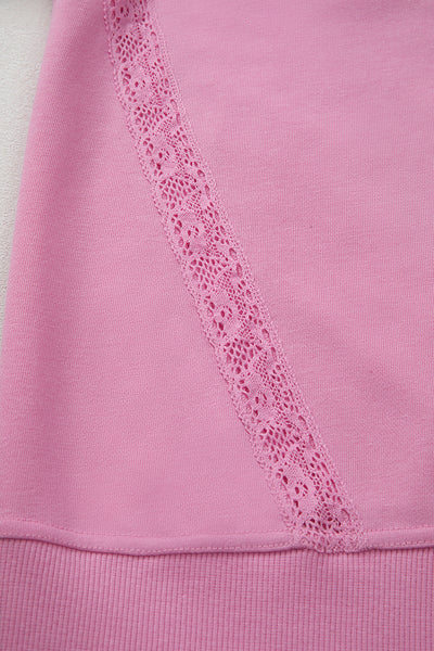 Bright Pink Lace Patchwork Raglan Sleeve Loose Fit Sweatshirt
