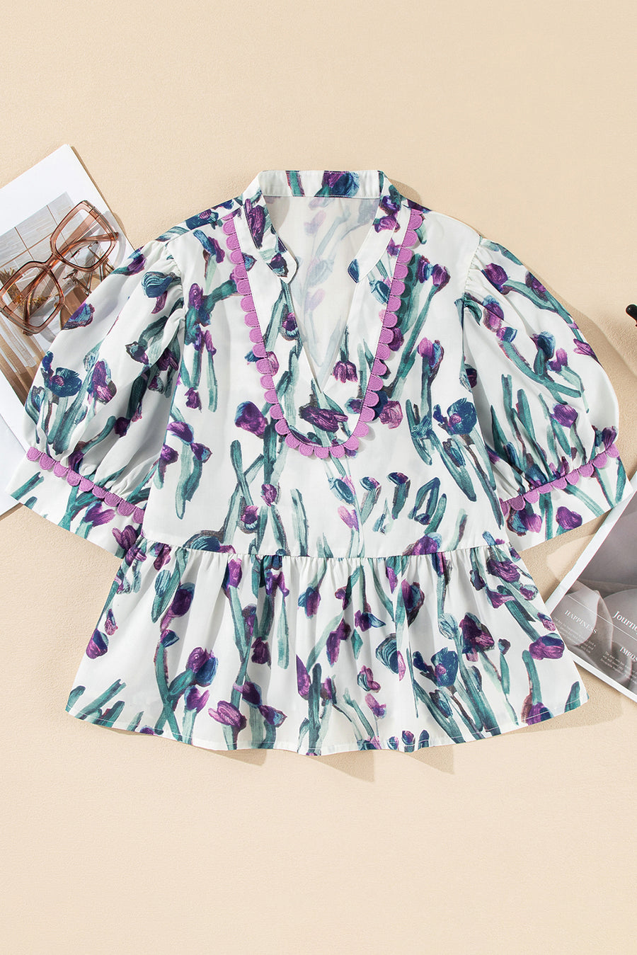 Purple Floral Ricrac Trim Short Puff Sleeve Peplum Blouse