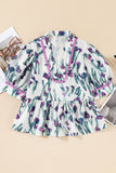 Purple Floral Ricrac Trim Short Puff Sleeve Peplum Blouse
