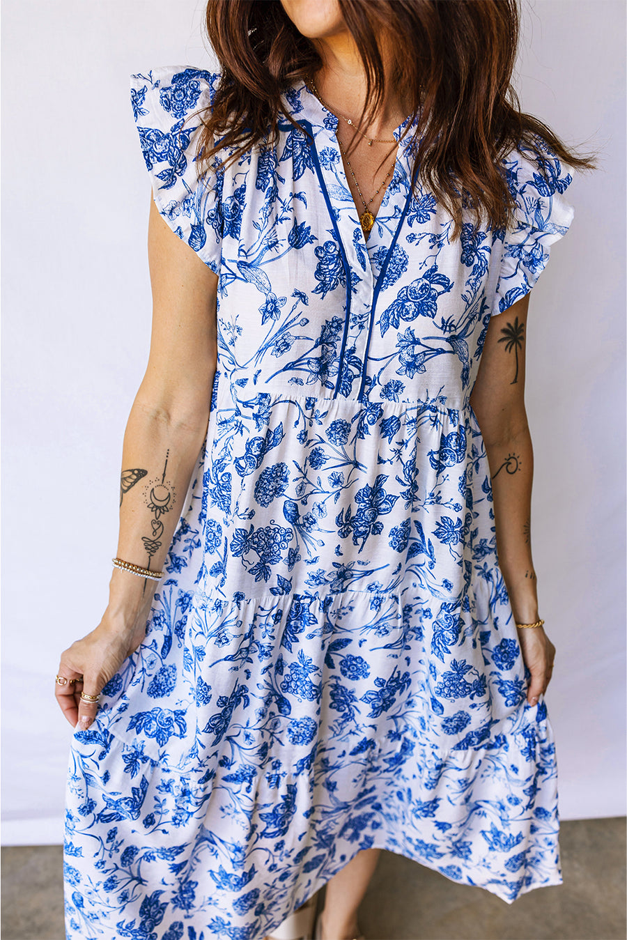 Blue Floral Ruffled Short Sleeve Tiered Midi Dress