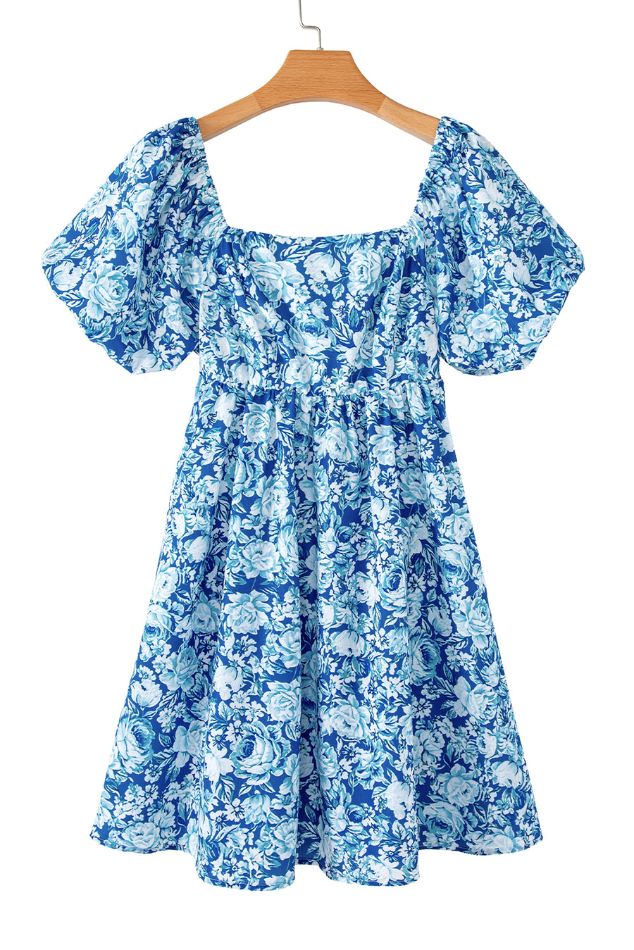 Blue Multi Floral Puff Sleeve Babydoll Mini Dress with Pockets