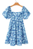 Blue Multi Floral Puff Sleeve Babydoll Mini Dress with Pockets