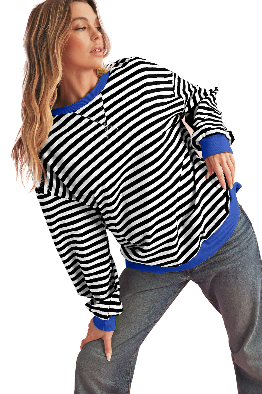 Striped Contrast Trim Oversized Sweatshirt- 4 Colors