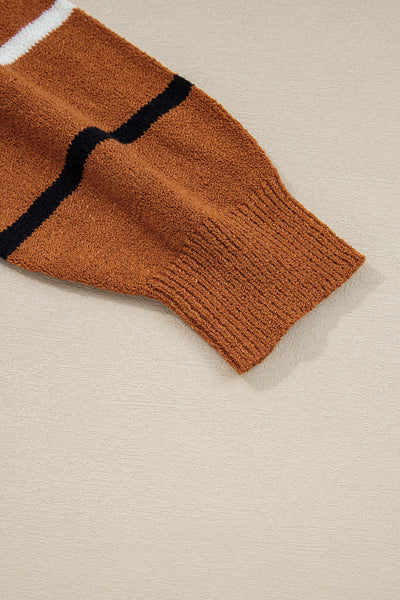 Brown Striped Ribbed Edge Drop Shoulder Sweater