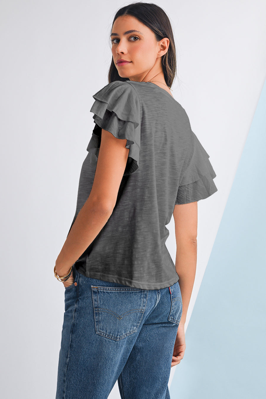 Dark Grey Ruffled Short Sleeve T-Shirt