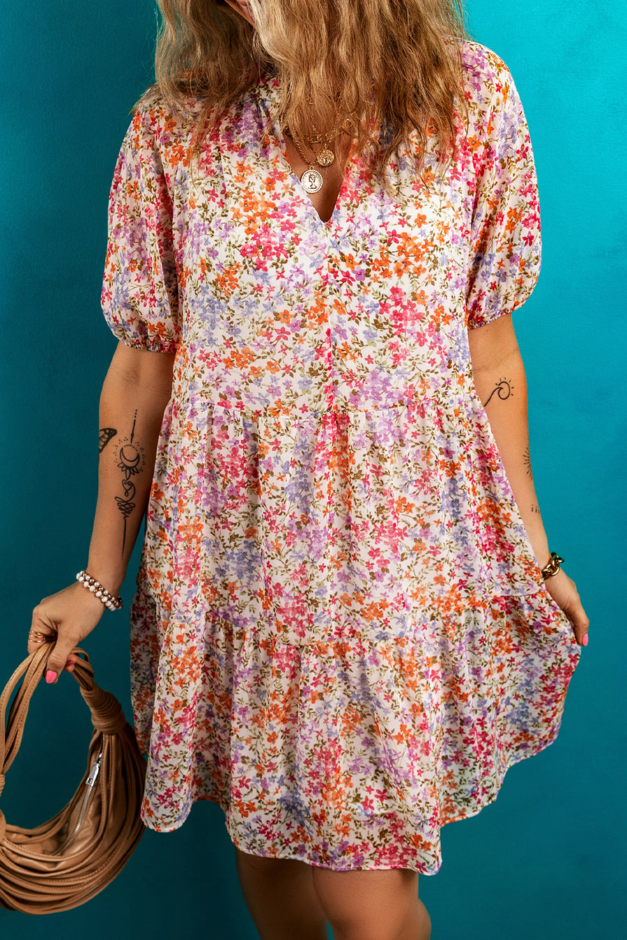Multicolored Floral Print Notched V-Neck Puff Sleeve Tiered Mini Dress