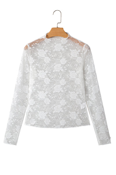 Mock Neck Floral Lace Mesh Long Sleeve Top- 2 Colors