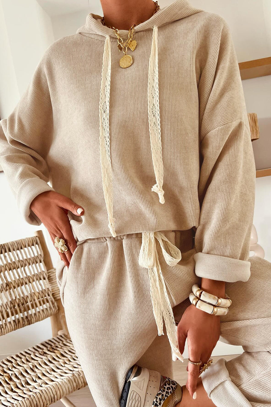Contrast Drawstring Hoodie and High Waist Pants Corduroy Set- 5 Colors
