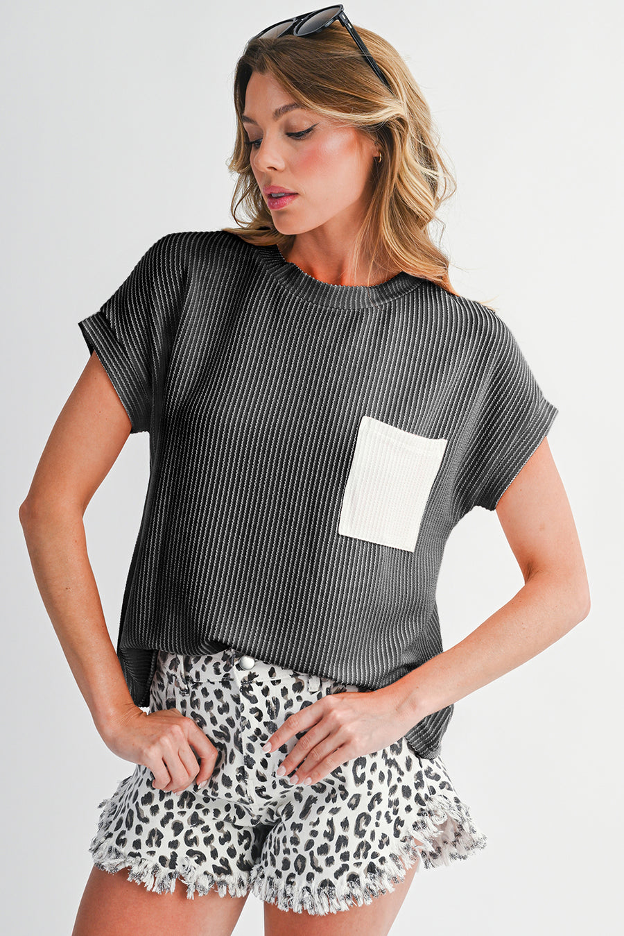 Twist Ribbed Color Block Pocket Crew Neck T-Shirt- 4 Colors
