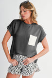 Twist Ribbed Color Block Pocket Crew Neck T-Shirt- 4 Colors