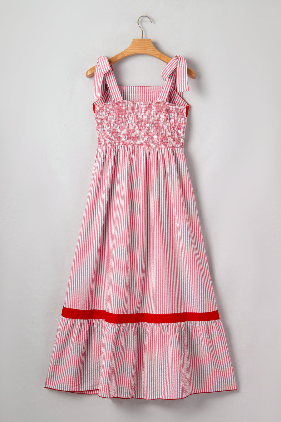 Red Striped Tie Straps Contrast Trim High Waist Ruffle Hem Maxi Dress