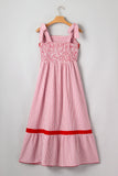 Red Striped Tie Straps Contrast Trim High Waist Ruffle Hem Maxi Dress