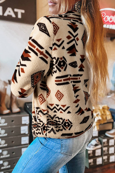 Beige Vintage Geometric Half Zip Plush Sweatshirt