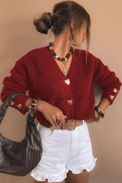 Red Heart Metal Button V-Neck Cardigan