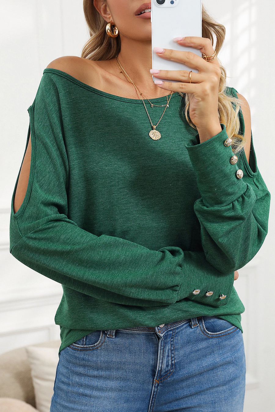 Green Boat Neck Cutout Long Sleeve Blouse with Button Detail Cuffs