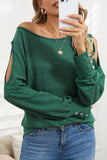 Green Boat Neck Cutout Long Sleeve Blouse with Button Detail Cuffs