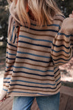 Tan Multi Openwork Striped Knit Drop Shoulder Crew Neck Sweater
