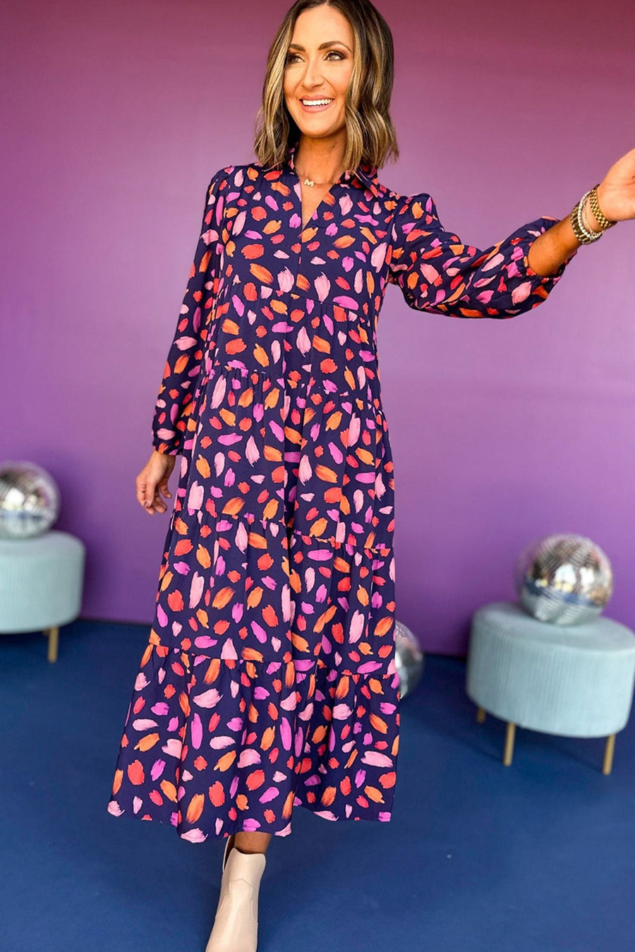 Purple and Orange Multi Floral Print Collared Tiered Flowy Long Sleeve Maxi Dress- 2 Colors