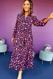 Purple and Orange Multi Floral Print Collared Tiered Flowy Long Sleeve Maxi Dress- 2 Colors